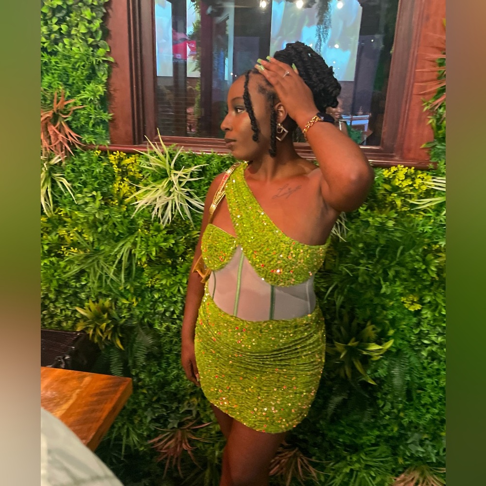 Custom green sequin mini dress